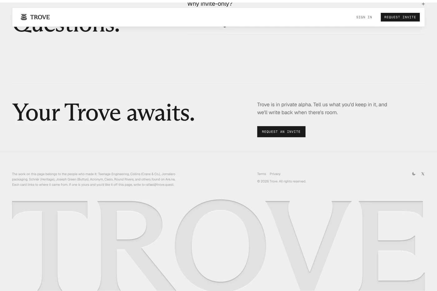 Trove · 页脚与行动入口已有展示截图